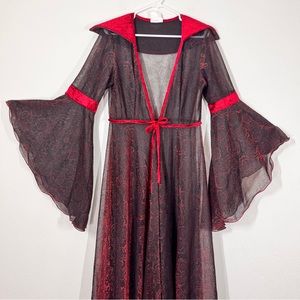 Renaissance robes bell sleeves red velvet trim black mesh Red metallic roses